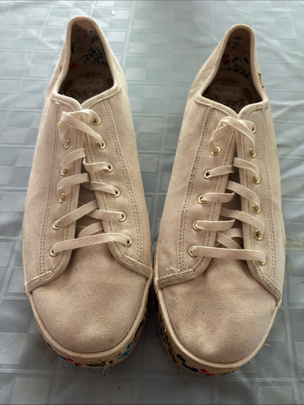 Rifle Paper Co for Keds. Light cream canvas platform sneakers.